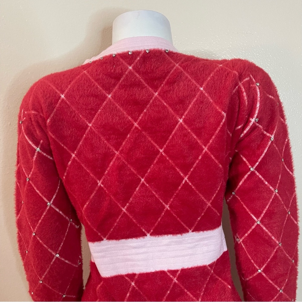 Red pink fuzzy sweater mini dress diamond pattern rhinestones details & pockets - Picture 8 of 10